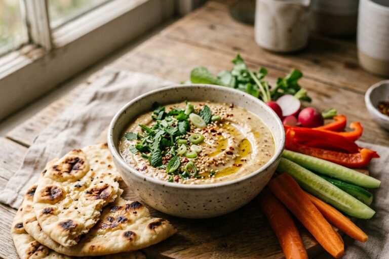 Dattel Curry Dip in einer Schale, serviert mit Fladenbrot und Gemüsesticks