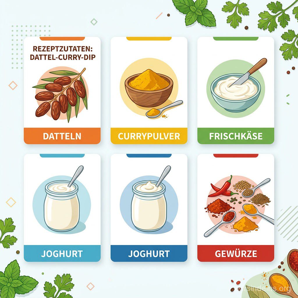 Infografik: Zutaten für Dattel Curry Dip - Datteln, Currypulver, Frischkäse, Joghurt, Gewürze