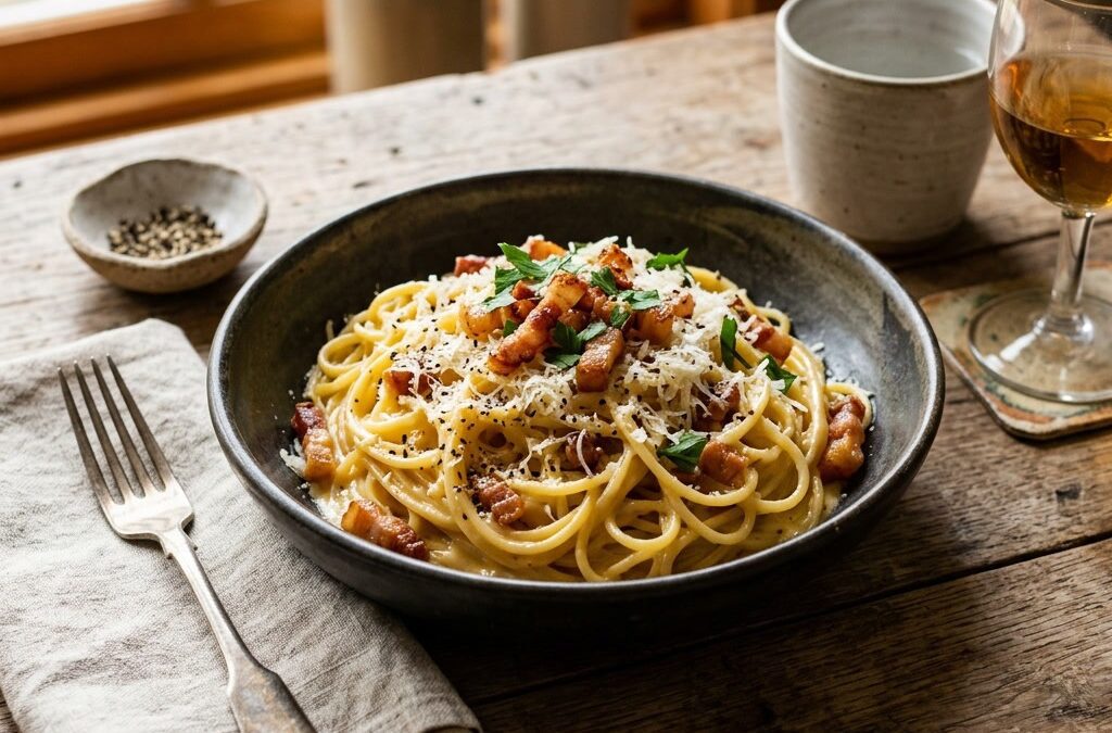 Original Spaghetti Carbonara mit Guanciale, Pecorino und frisch gemahlenem Pfeffer auf einem rustikalen Holztisch