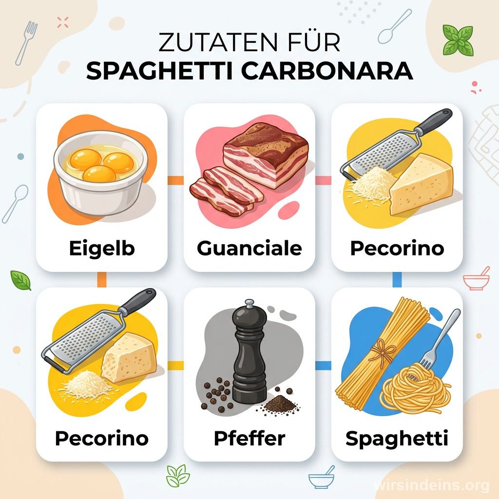 Infografik mit den Zutaten für Spaghetti Carbonara: Eigelb, Guanciale, Pecorino, Pfeffer, Spaghetti