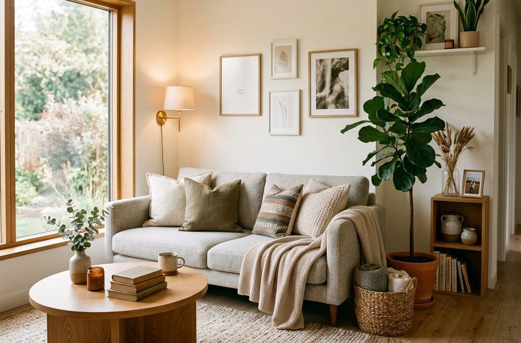 Gemütliches modernes Wohnzimmer mit Sofa, Pflanzen und warmem Licht als Beispiel für Wohnzimmer Ideen
