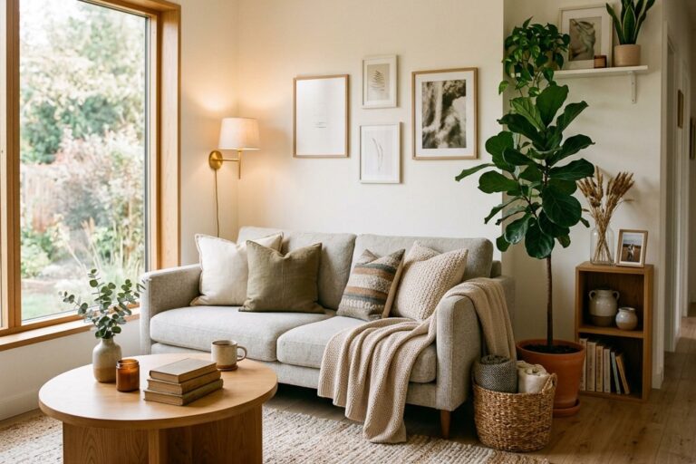 Gemütliches modernes Wohnzimmer mit Sofa, Pflanzen und warmem Licht als Beispiel für Wohnzimmer Ideen