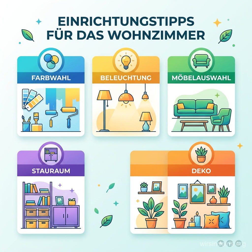 Illustrierte Infografik mit fünf Wohnzimmer-Einrichtungstipps: Farbwahl, Beleuchtung, Möbelauswahl, Stauraum und Deko
