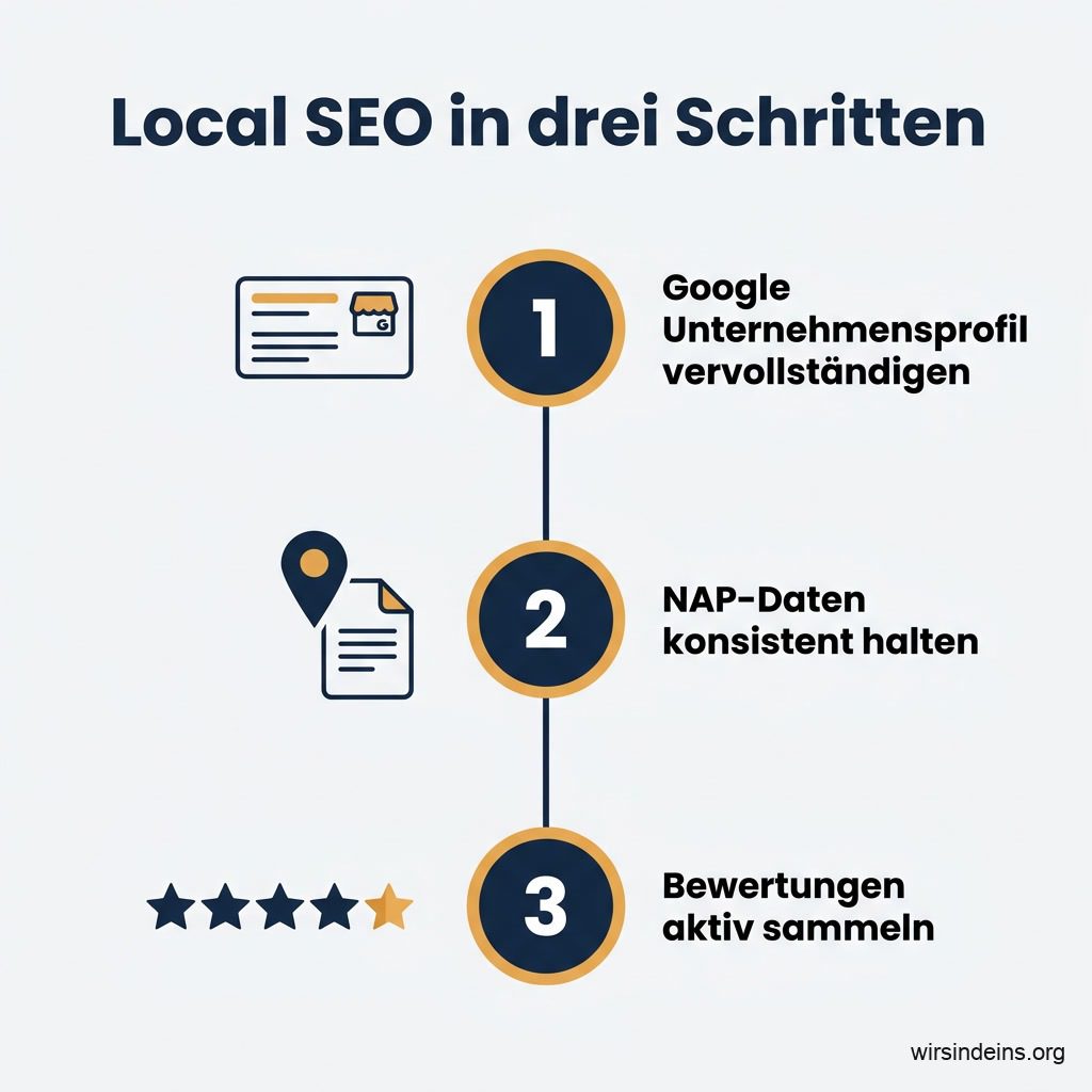 Infografik: Local SEO in drei Schritten - Google Unternehmensprofil vervollständigen, NAP-Daten konsistent halten, Bewertungen aktiv sammeln